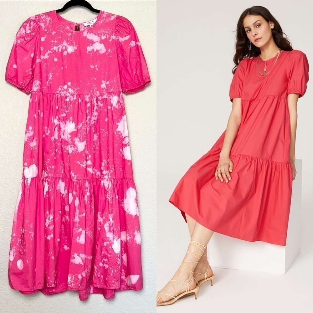 PETER SOM Midi Dress Bleach Splatter Puff Short Sleeve Ruffle Tiered‎ Babydoll 6